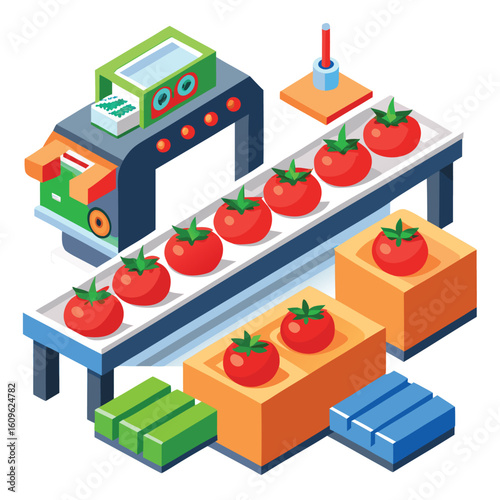 Isometric flat design conveyor belt sorting red tomatoes factory production line
