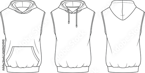 Sleeveless hoodie design, kangaroo pocket, drawstring hood, front and back view, ribbed hem, casual fashion, apparel sketch, garment illustration, urban clothing