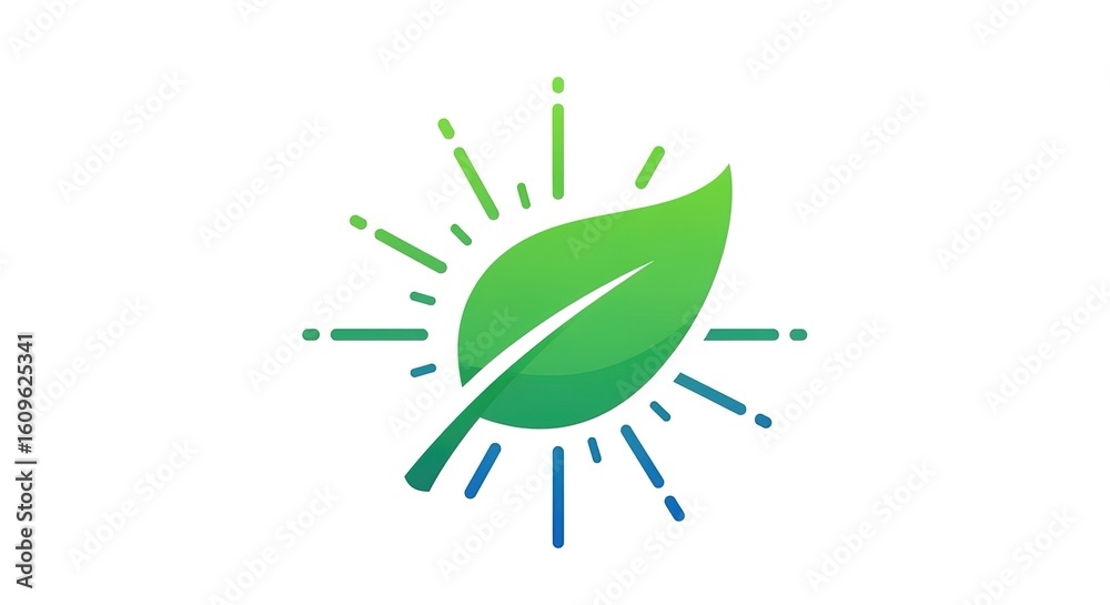 Obraz premium A green leaf with radiating lines suggesting light or energy on white.