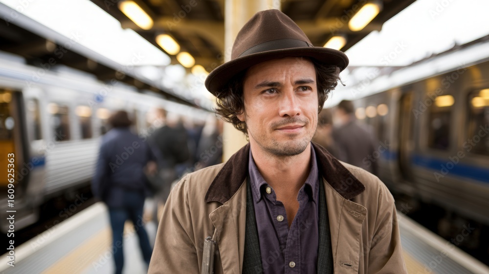 Stylish man wearing fedora in busy urban setting Stylish man wearing fedora in busy urban setting