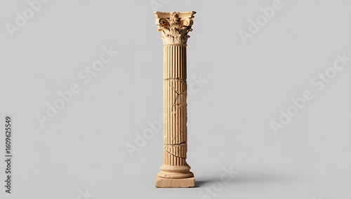 Elegant golden corinthian column with ornate capital stands against a neutral gray background