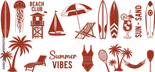 Summer tropical beach print hand drawn exotic ocean objects silhouette travel paradise vacation logo. Ocean surf vintage stamp, yacht relax retro illustration.