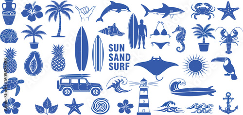 Summer surf set, vector hand drawn tropical vacation graphic, exotic island logo print, dolphin, sun. Ocean wave silhouette, Hawaii plants flowers sticker, palm tree