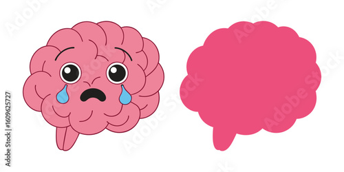 Cartoon brain character expresses sadness with large tears rolling down vector illustration