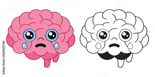 Cartoon brain character expresses sadness with large tears rolling down vector illustration
