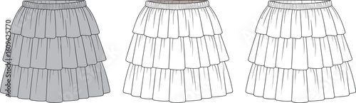 Tiered skirts front view design variations, ruffled layers, elastic waistband fashion detail, grayscale sketch, clothing template for sewing, apparel concept