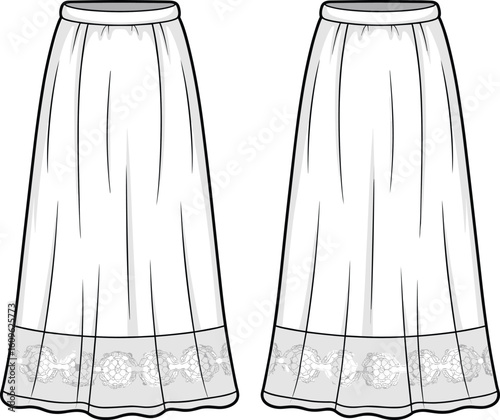 White lace skirts, gathered waistband, ornamental hem design, long skirt fashion, embroidery pattern, fabric folds, ethnic wear, elegant style