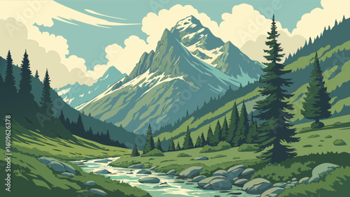 Scenic mountain landscape illustration with river, trees, and clouds for nature backgrounds and posters