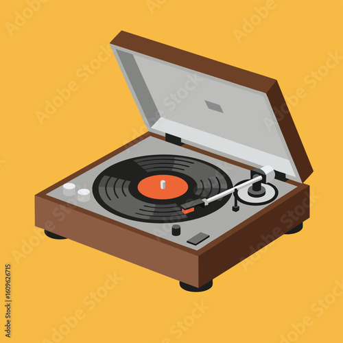 Vintage wooden turntable with an open lid playing a black vinyl record.