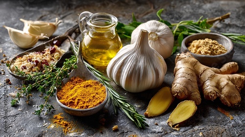 Cooking ingredients like garlic ginger and turmeric arranged with fresh herbs on a stone surface