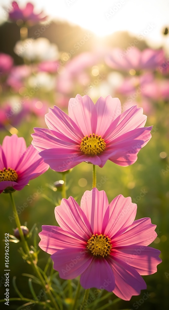 Obraz premium Pink Cosmos Flowers Blooming in a Field at Sunset with Golden Light and Bokeh Creating a Dreamy Summertime Floral Scene