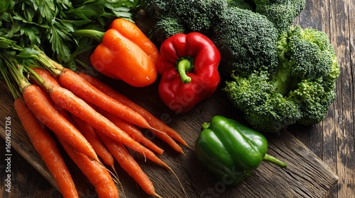 Flat lay of fresh organic vegetables including carrots broccoli and bell peppers on a wooden kitchen counter