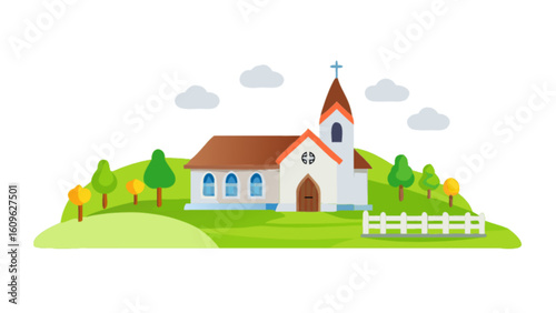 Beautiful church building vector illustration with landscape trees and clouds christian religious design 100