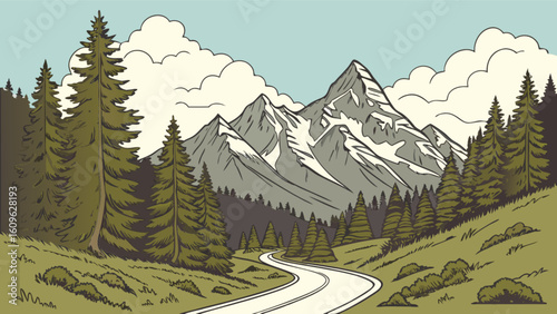 Scenic mountain road trip landscape illustration with pine trees and cloudy sky for travel adventure 100