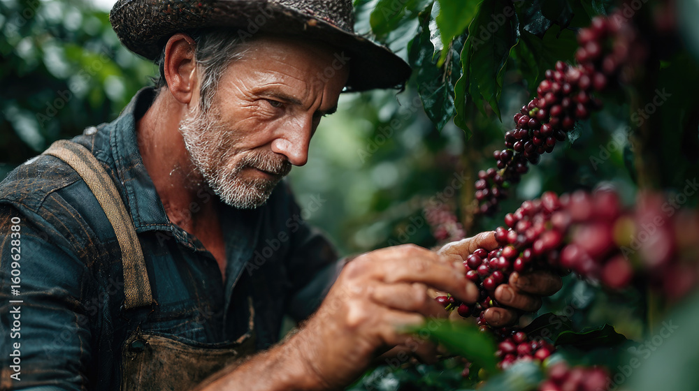 A diligent farmer carefully picking ripe coffee berries by hand in lush plantation under sunlight, highlighting traditional manual coffee harvesting,organic farming, sustainable production.Copy space A diligent farmer carefully picking ripe coffee berries by hand in lush plantation under sunlight, highlighting traditional manual coffee harvesting,organic farming, sustainable production.Copy space