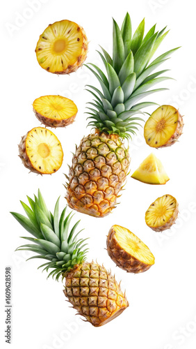 flying pineapple slices isolated on transparent white background, clipping path