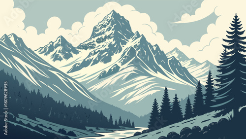 Scenic mountain landscape vector illustration with snow capped peaks and pine trees digital art drawing