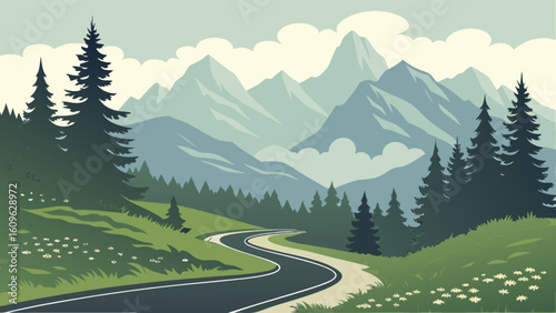 Beautiful mountain road trip scenic landscape illustration with trees and cloudy sky background design