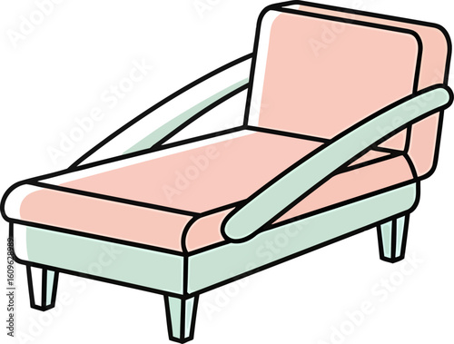 Pastel-colored chaise lounge illustration with black outlines modern furniture design.