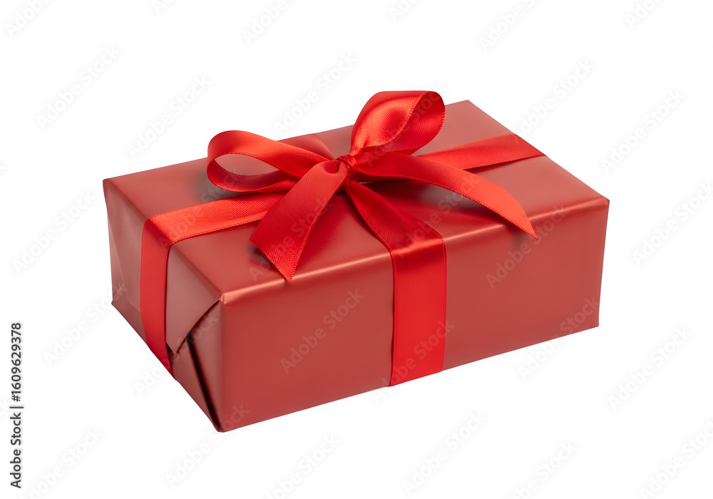 Obraz premium Rectangular Gift Box Wrapped in Red Paper with Ribbon.