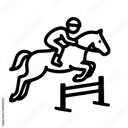 Equestrian rider jumping over obstacle on horse in action  