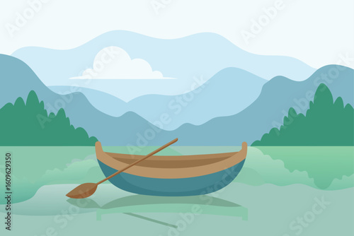 rowboat on misty lake