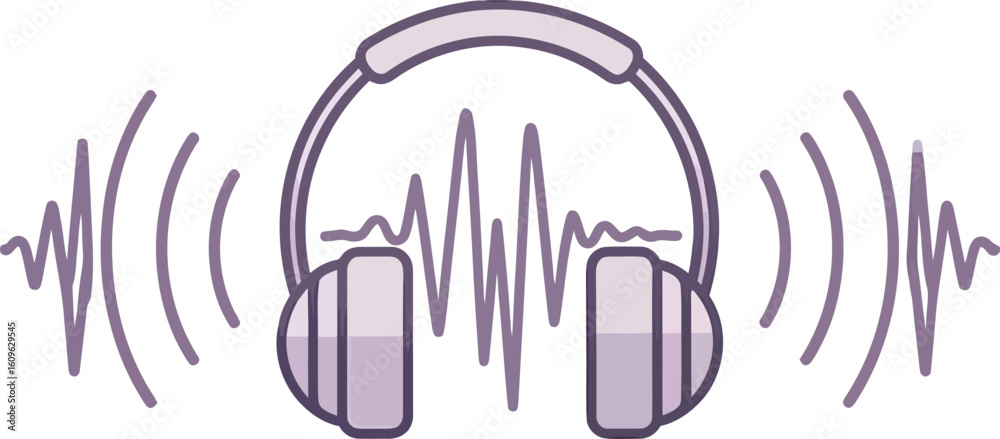 Obraz premium Stylized lavender headphones with purple outlines emitting sound waves and audio waveforms.