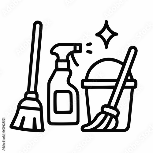 Cleaning tools including spray bottle, mop, and broom with bucket  