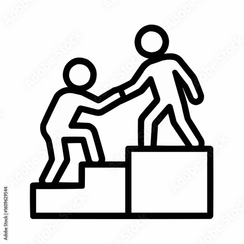 Two people helping each other to climb stairs in minimalist style  