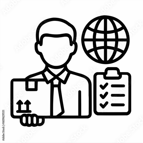 Businessman holding package with checklist and globe illustration  