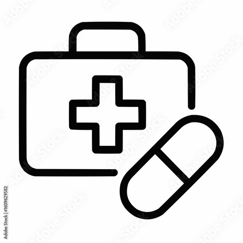 Medical kit with a pill in minimal line art style  