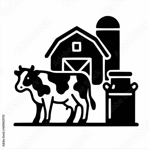 Black silhouette of cow next to barn and milk can on farm  