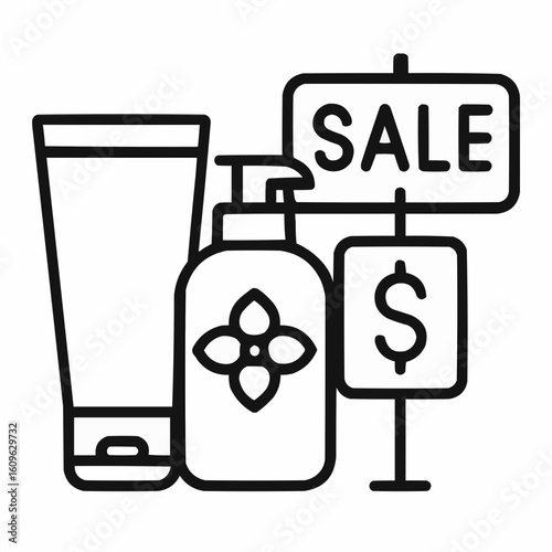 Skin care products with sale sign and dollar symbol in flat design  
