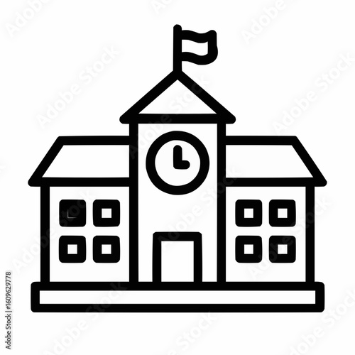 Simple line drawing of school building with clock and flag  