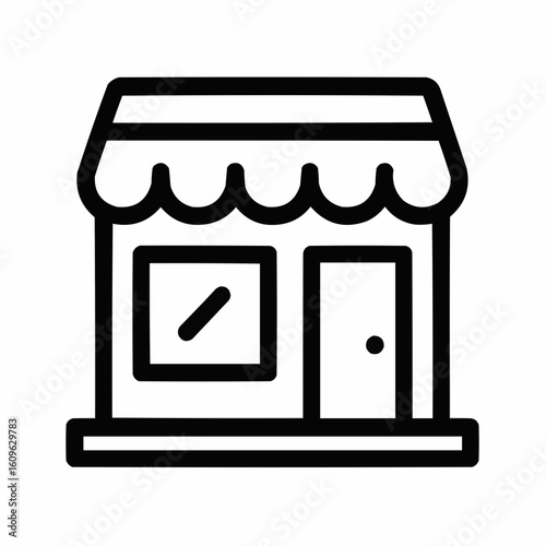 Line art illustration of a small storefront with awning  