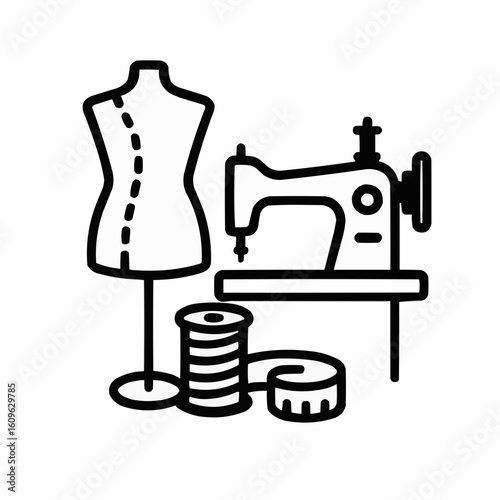 Sewing machine with dress form, thread, and measuring tape in minimalist style  