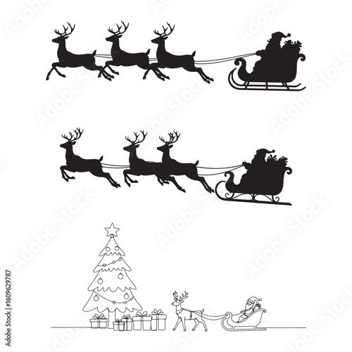 Santa Claus sleigh reindeer and Christmas tree gifts