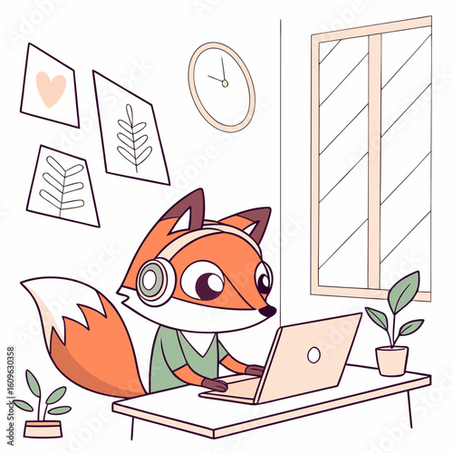 Cartoon fox with headphones working on a laptop at a desk in a cozy room with plants and art