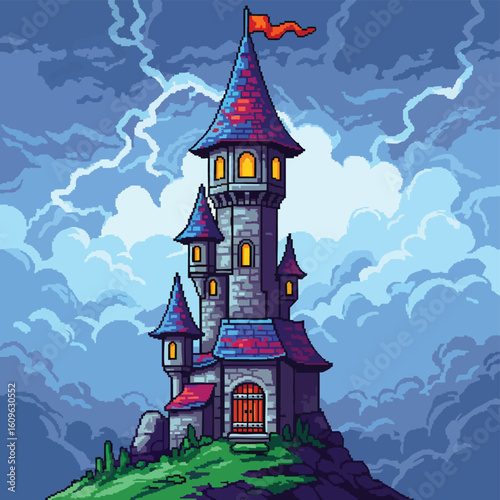 Pixel Art Castle with Red Flag and Stone Walls.