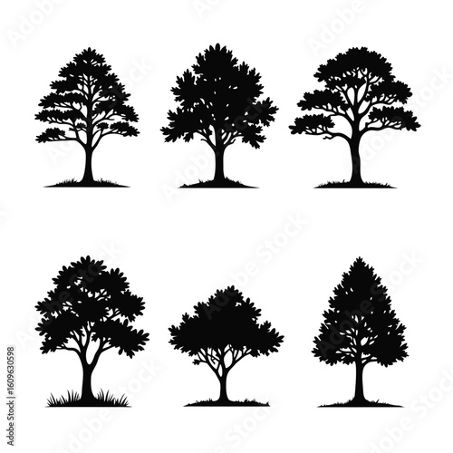 Six diverse black tree silhouettes with leafy canopies and grassy bases trees white background