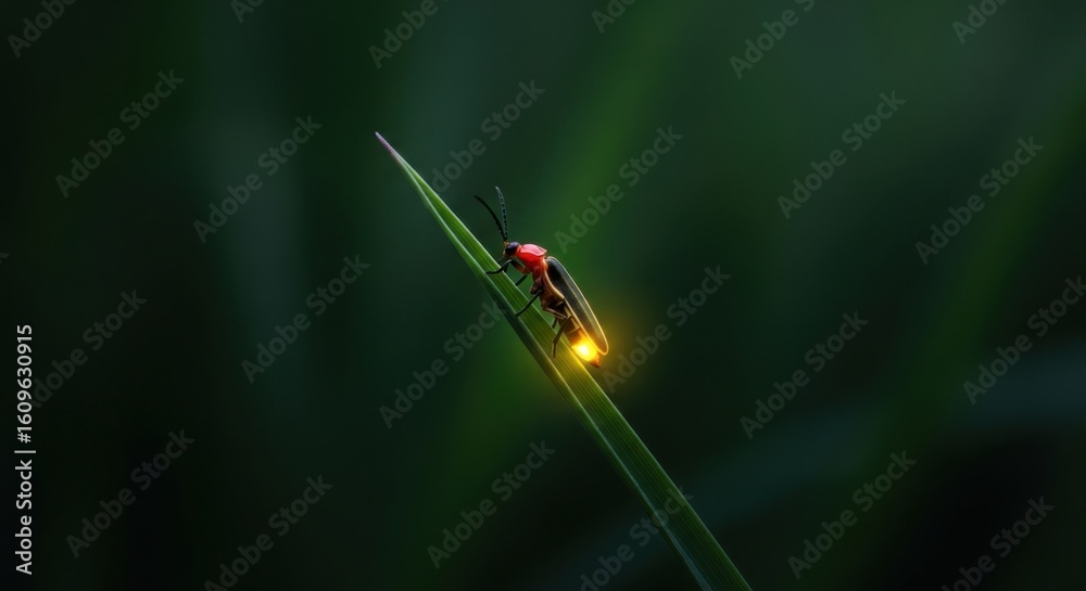 Fototapeta premium Glowing Firefly Perched on a Dewy Blade of Grass at Dusk
