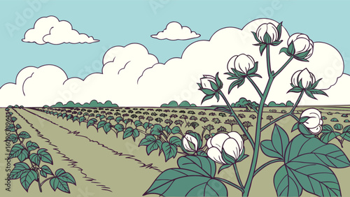 Illustration of cotton field landscape with cotton plants, sky, and clouds in a rural setting scene
