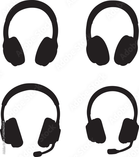 Headphone Silhouette Collection Gaming Audio and Communication Devices in Black and White