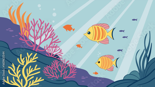 Underwater scene with colorful coral reef fish and marine life in ocean aquarium illustration art drawing