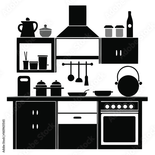 Collection of kitchen utensils and appliances silhouettes for culinary design projects isolated on white background
