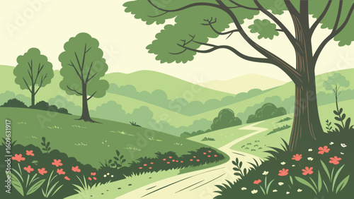 Beautiful green landscape illustration with trees flowers and path for nature lovers and outdoor enthusiasts
