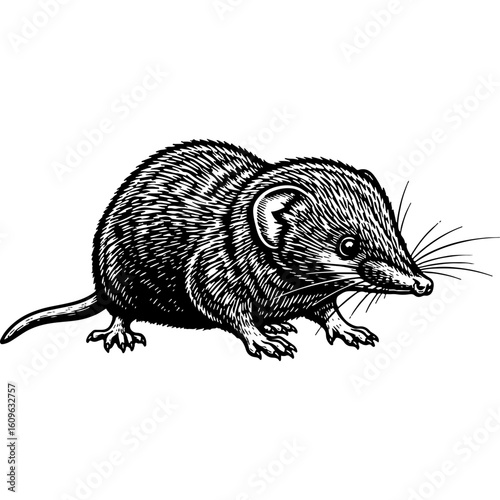 Vintage Woodcut Style Illustration of a Shrew. Detailed Black and White Engraving of a Small Rodent-like Mammal with Pointed Snout.
