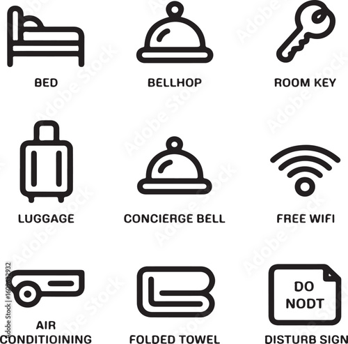 Hotel Services and Amenities Outline Icon Set – Bed, Bellhop, Room Key, Luggage, Concierge Bell, Wifi, Air Conditioning, Towel, and Do Not Disturb Sign
