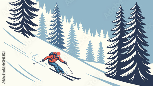 Skiing in winter landscape vector illustration for winter sports and outdoor activities with trees and snow