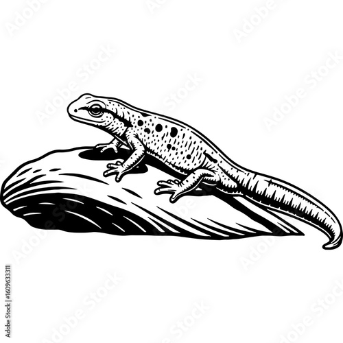 Vintage Woodcut Style Newt or Salamander Illustration on Rock - Black and White Amphibian Vector Art